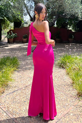 Hot Pink Satin Asymmetric Maxi Dress With Bow